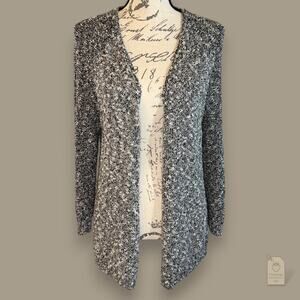 LOFT Marled Open Front Cardigan Sweater Black White Large L Cotton Blend